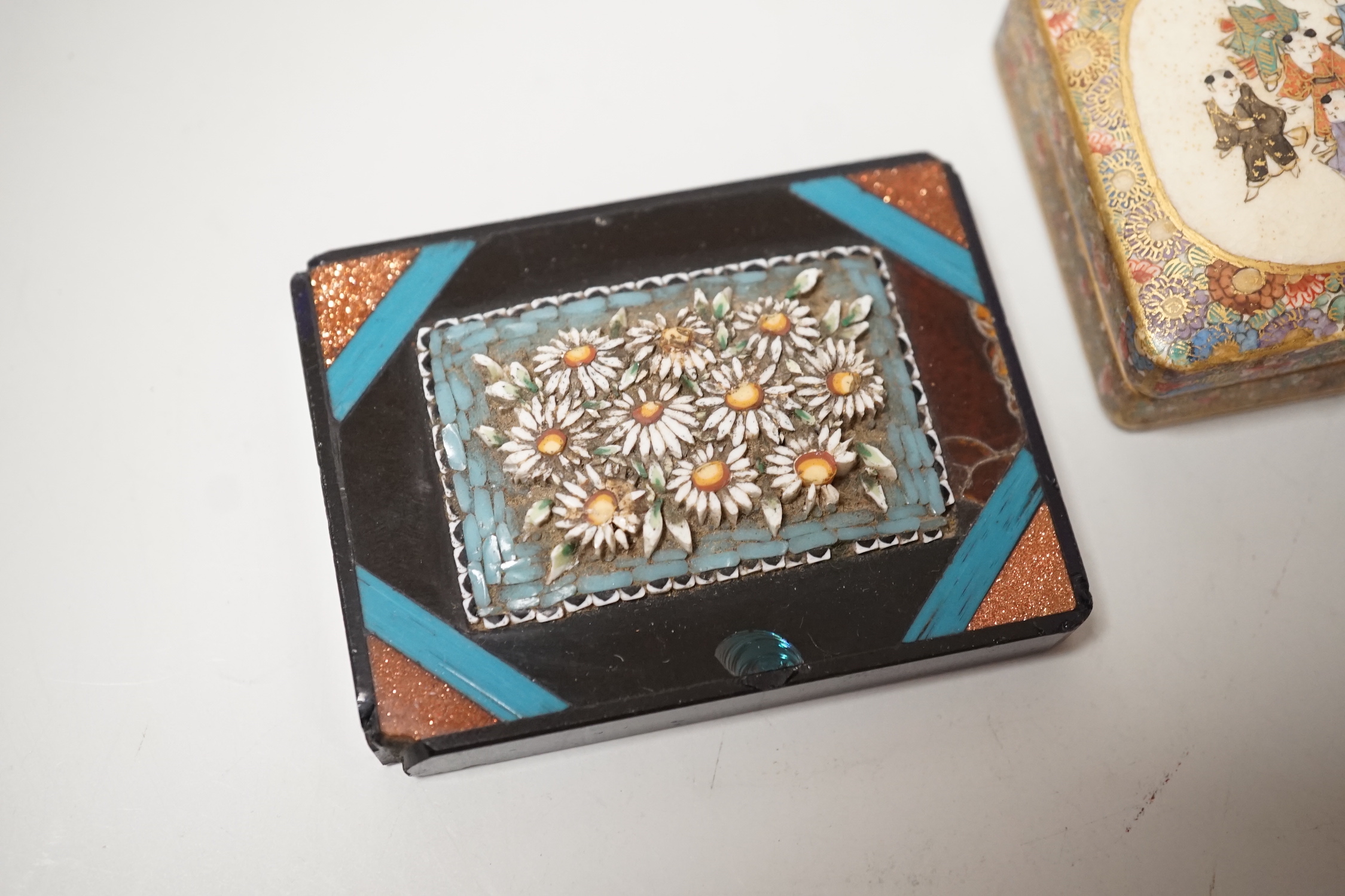 A small Japanese signed Satsuma export dish and cover, of rectangular form, together with a micro-mosaic and inlaid slate desk weight (2) 6.5 x 4.5cm